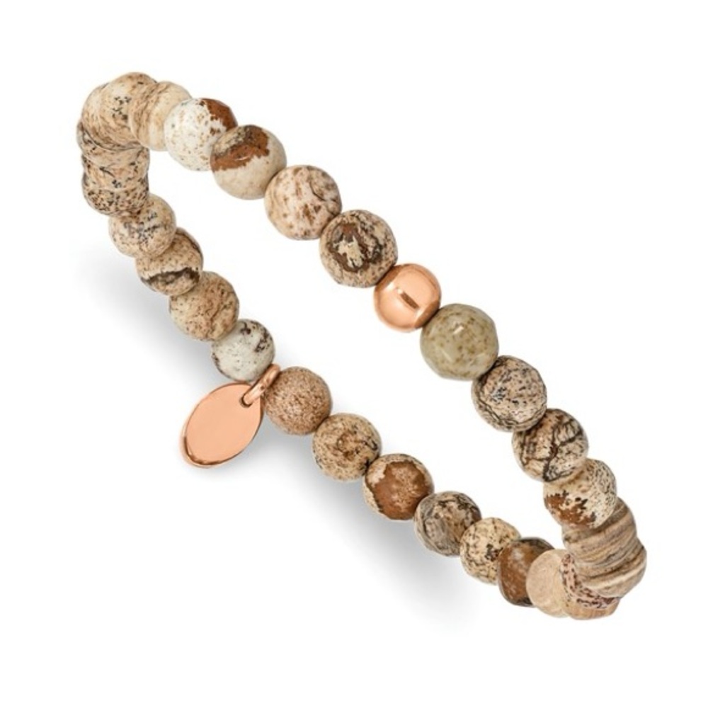 Chisel Stainless Steel Rose IP Plated 6mm Brown Jasper Beaded Stretch Bracelet